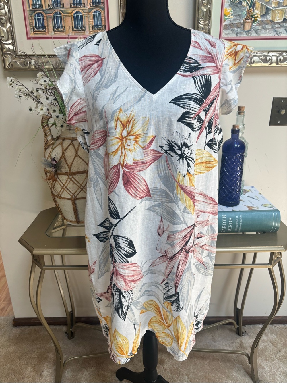 C&C California Linen Dress Flutter Sleeve Yellow & Orange Tropical Motif Size L
